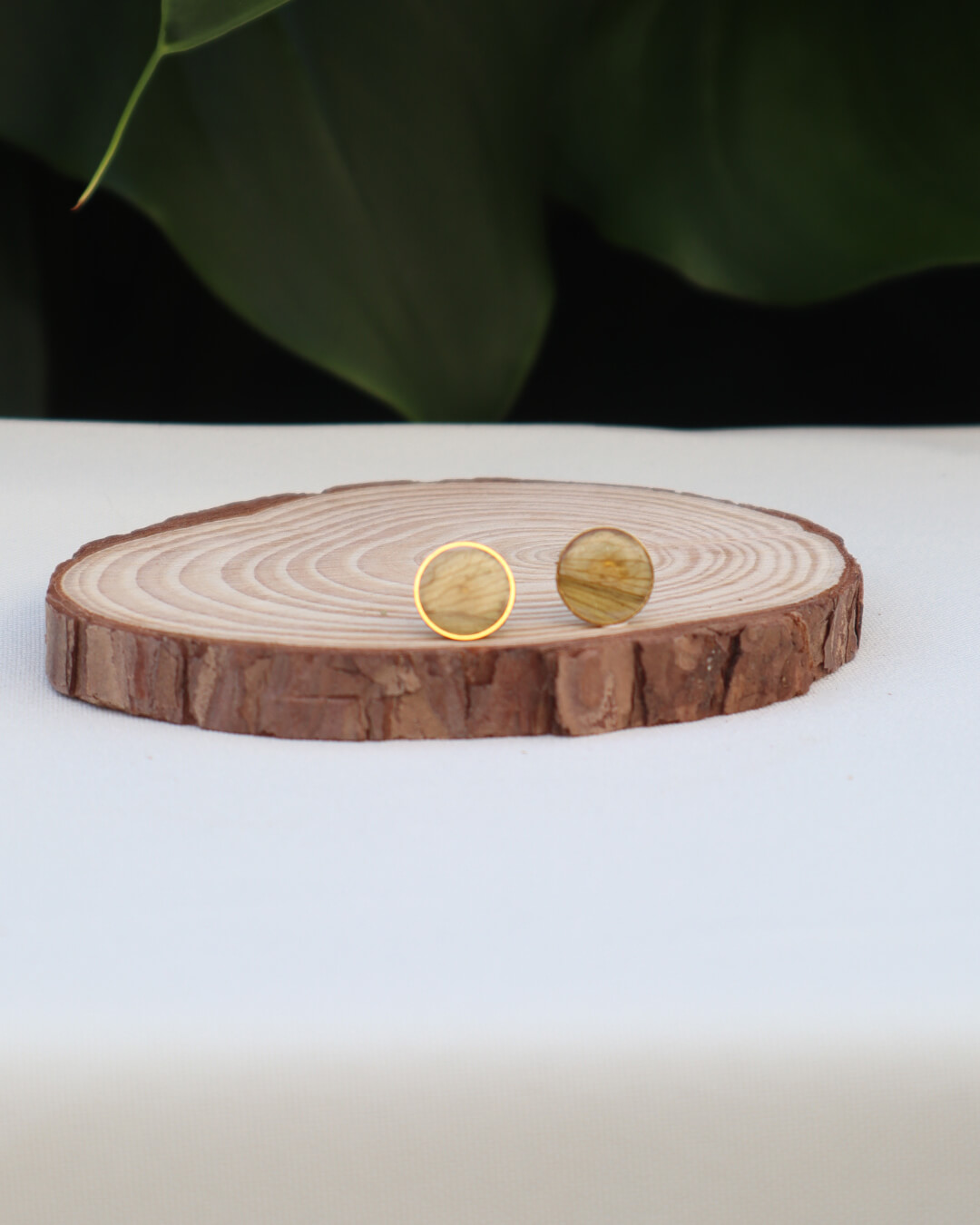 Pendientes Mini Círculos Dorados con Hojas Amarillas Prensadas